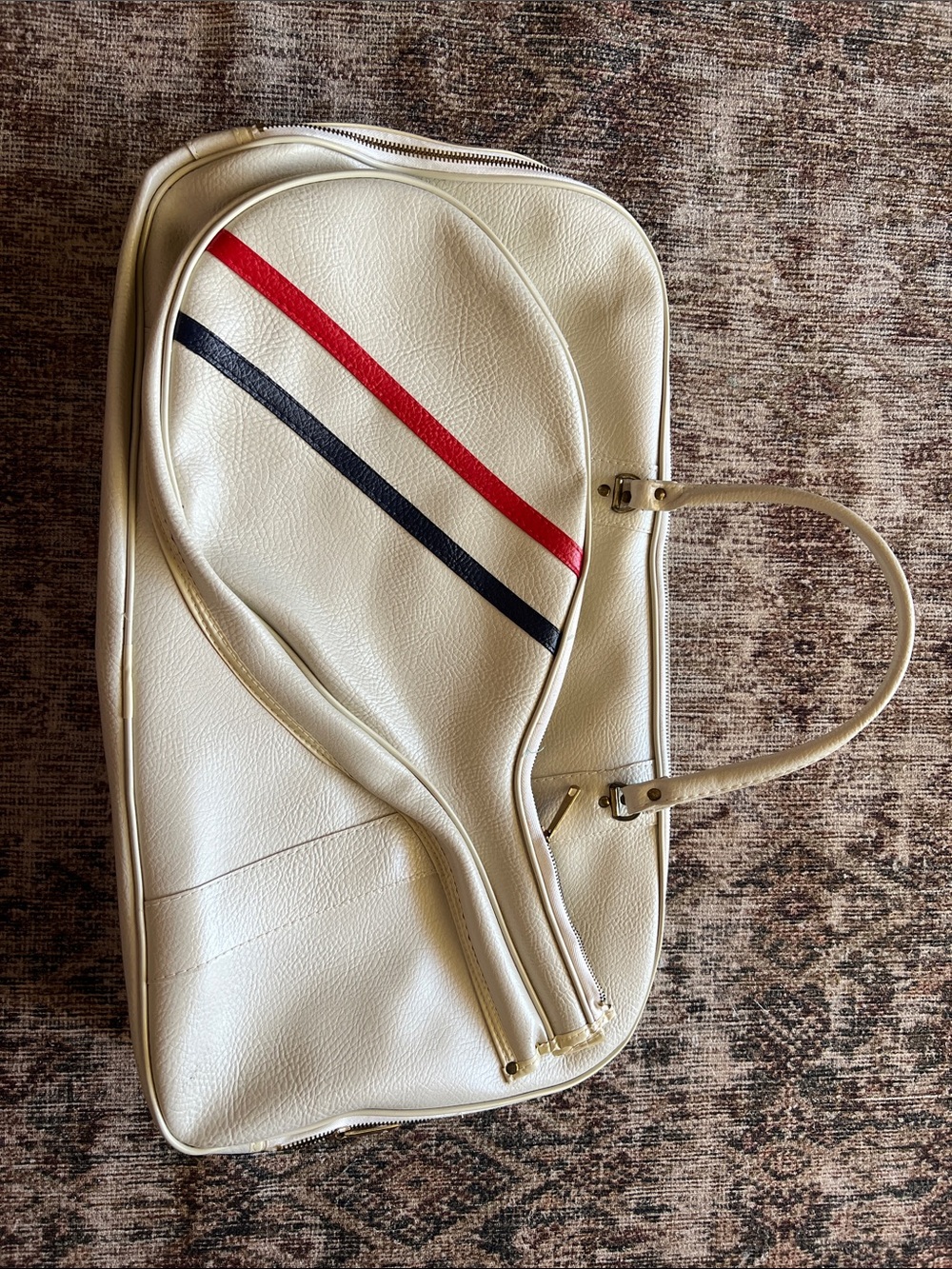 Vintage Cream Duffel Bag with Red and Navy Stripe